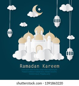 Vector illustration of Ramadan Kareem greeting banner, card design with mosque, lantern, moon, cloud, and star paper art and digital craft style