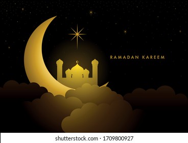 Imagen vectorial del saludo de Ramadan Kareem con luna creciente y mezquita en las nubes