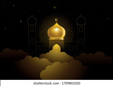 Vector illustration of Ramadan Kareem greeting with golden dome mosque on clouds