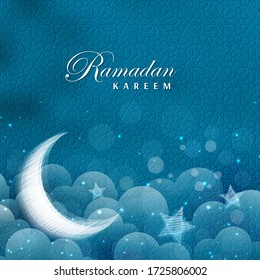 Vector Illustration Ramadan Kareem. Grußkarte mit kalligrafischem Großmond, Wolken, Sternen, Nachthimmel. Ramadan Kareem Hintergrund.