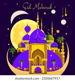 Vector Illustration Ramadan Kareem. Greeting card with mosque, big moon, stars, palm trees, night desert. Ramadan Kareem background.