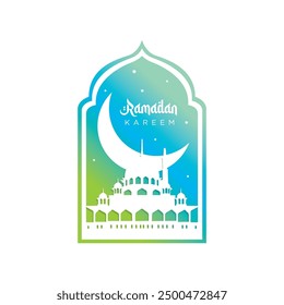 Vector illustration of Ramadan Kareem greeting card. Silhouette mosque inside blue and green Islamic arch