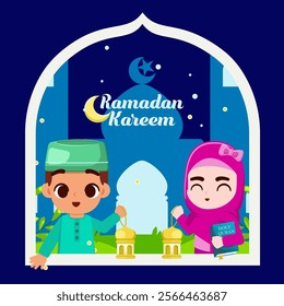 Vector illustration of Ramadan Kareem greeting card with cute cartoon muslim kids.