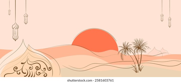 Vector illustration of Ramadan Kareem greeting card with mosque and sunset.