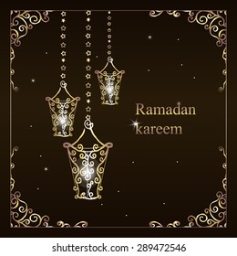 Vector illustration. Ramadan Kareem greeting card. Sparkling stars on a dark background.
