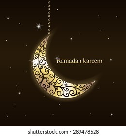 Vector illustration. Ramadan kareem greeting card. sparkling stars on a dark background. Ornamental Crescent.
