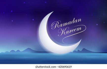 Vector Illustration Ramadan Kareem. Greeting card with calligraphy big moon, stars, night desert. Ramadan Kareem background.