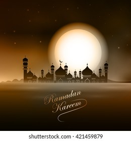 Vector Illustration Ramadan Kareem. Greeting card with mosque, big moon, stars, palm trees, night desert. Ramadan Kareem background.