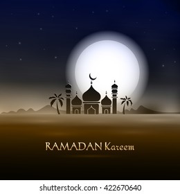 Vector Illustration Ramadan Kareem. Greeting card with mosque, big moon, stars, palm trees, night desert. Ramadan Kareem background.