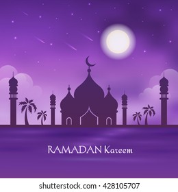 Vector Illustration Ramadan Kareem. Greeting card with mosque, big moon, stars, palm trees, night desert. Ramadan Kareem background.