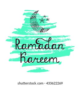 Vector Illustration Ramadan Kareem. Greeting card with calligraphy text, ornate crescent moon and stars.  Islamic ornamental poster.