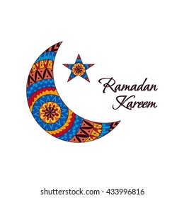 Vector Illustration Ramadan Kareem. Greeting card with calligraphy text, ornate crescent moon and star.  Islamic ornamental poster.