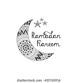 Vector Illustration Ramadan Kareem. Greeting card with calligraphy text, ornate crescent moon and stars.  Islamic ornamental poster.