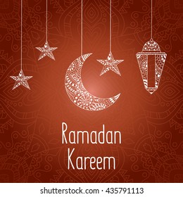Vector Illustration Ramadan Kareem. Greeting card with ornamental lamp, ornate crescent moon and stars on arabic background. 