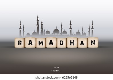 Vector illustration of Ramadan Kareem greeting card with text Ramadan and mosque