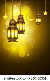 Vector illustration of Ramadan Kareem greeting card with gold lantern