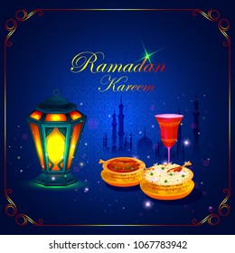 vector illustration of Ramadan Kareem Greetings for Ramadan background with Iftar Food and Drink