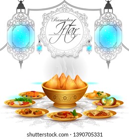 vector illustration of Ramadan Kareem Greetings for Ramadan background with Iftar Food and Drink