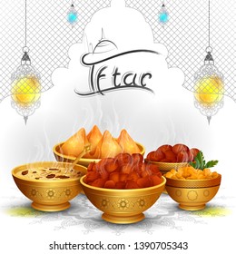 vector illustration of Ramadan Kareem Greetings for Ramadan background with Iftar Food and Drink