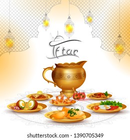 vector illustration of Ramadan Kareem Greetings for Ramadan background with Iftar Food and Drink