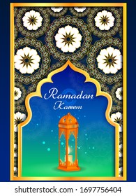 ilustración vectorial de Ramadan Kareem ( Saludos por Ramadán) de fondo con Mezquita Islámica