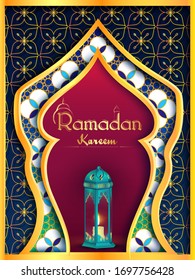 ilustración vectorial de Ramadan Kareem ( Saludos por Ramadán) de fondo con Mezquita Islámica