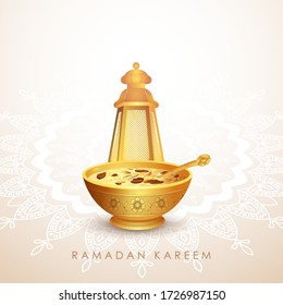 ilustración vectorial de los antecedentes de Ramadan Kareem (Saludos por Ramadán) con comida y bebida Iftar