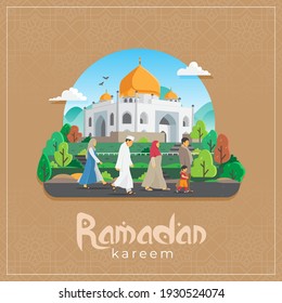 vector illustration of ramadan kareem greetings card with people walking to mosque