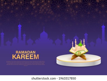 ilustración vectorial del fondo de Ramadan Kareem (Saludos por Ramadán) con Mezquita Islámica
