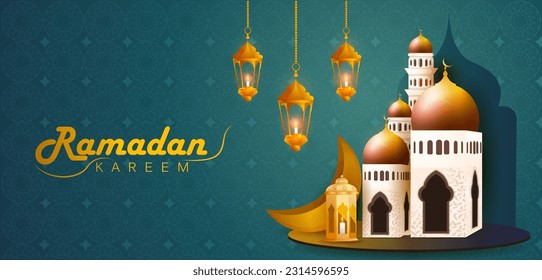 vector illustration of Ramadan Kareem ( Greetings for Ramadan) background with Islamic Mosque
