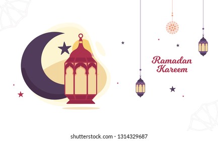 Vector Illustration Ramadan Kareem The Holy Month Muslim Feast Greeting Card with night and Lantern for pray at night. Flat landing page style vector.