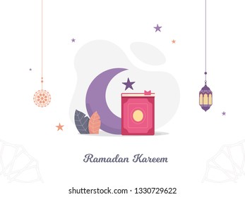 Vector Illustration Ramadan Kareem The Holy Month Muslim Feast Greeting Card with night Crescent Moon and The Holy book quran for recitation. Flat landing page style vector.