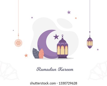 Vector Illustration Ramadan Kareem The Holy Month Muslim Feast Greeting Card with night crescent moon and Lantern for pray at night. Flat landing page style vector.