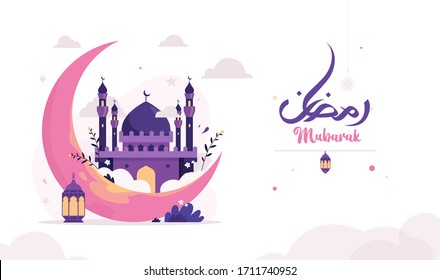 Vector Illustration Ramadan Kareem The Holy Month Muslim Feast Greeting Card with calligraphy text night crescent moon and Lantern for pray at night. Web landing page template, banner and social media