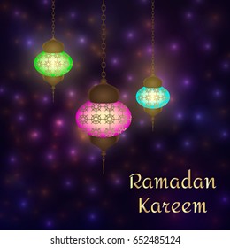 Vector illustration Ramadan Kareem Lantern. Ramadan Kareem lantern on a sparkle texture background. Glow arabic illustration, Ramadan invitation card on a glow background.   