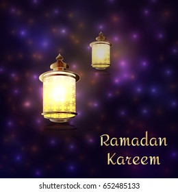 Vector illustration Ramadan Kareem Lantern. Ramadan Kareem lantern on a sparkle texture background. Glow arabic illustration, Ramadan invitation card on a glow background.   