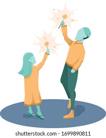 vector illustration ramadan kareem, moslem playing fireworks on ramadan