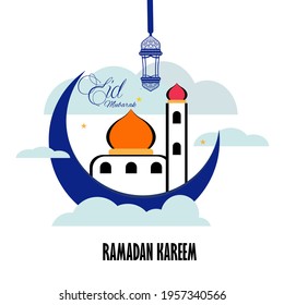 vector illustration of ramadan kareem with mosque a nd cloud on background ,no backgrounds ,editable.