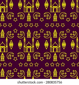 Vector Illustration of Ramadan Kareem Outline for Design, Website, Background, Banner. Arabic Lamp Element Template. Yellow and Violet Seamless PAttern