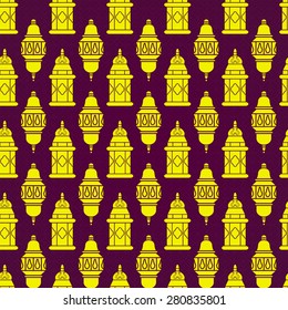 Vector Illustration of Ramadan Kareem Outline for Design, Website, Background, Banner. Arabic Lamp Element Template. Yellow and Violet Seamless PAttern