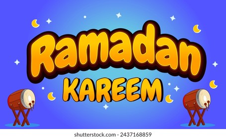 Vector illustration of Ramadan Kareem text effect with drum decoration, blue color, comic style, editable