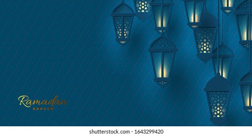 Vektorillustration-Illustration von Ramadan-Laternen im Papierschnitt-Stil mit Glühbirnen. Dunkelblauer, islamischer, traditioneller Hintergrund.