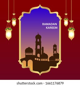 vector illustration of ramadan with mosque silhouettes and Arabic lanterns