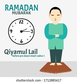 vector illustration, Ramadan Mubarak activity, a man stand on prayer rug pray at 2.15 am, it's called "qiyamul lail" or pray at midnight in Islam religion, flat cartoon style.