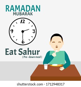vector illustration, Ramadan Mubarak Activity, a man do pre-dawn meal or Eat Sahur at 2.30 am before fasting, flat cartoon style.
