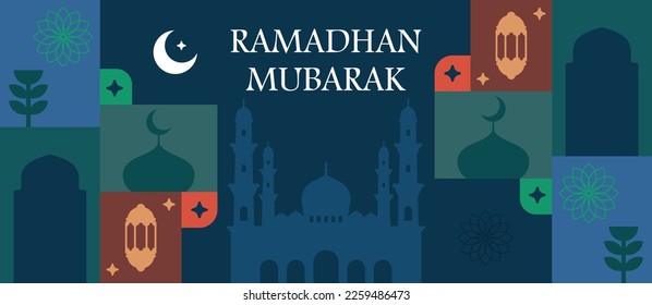 Vector illustration Ramadan mubarak banner, flyer. Greeting card for traditional muslim holiday with symbols lamp, mosque, crescent, rosary for happy celebration. Islamic greeting poster