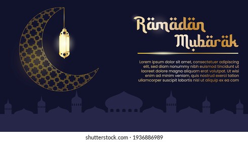 vector illustration ramadan mubarak with lantern and moon islamic pattern and mosque