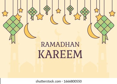 Vector Illustration Ramadan Or Ramadhan Kareem Background With Indonesia Ketupat Food, With Islamic Muslim Stars And Moon, With Mosque Background. Can Use For Banner Ui Poster Web Site Blog Post. 