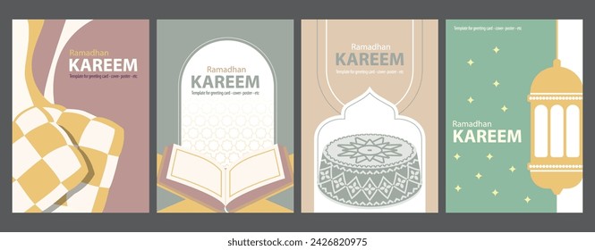 Ilustración vectorial Diseño de tema de Ramadán con ilustraciones del Corán, alfombra de oración, ropa de culto, mezquita, ketupat y linternas