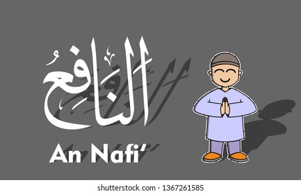 Vector illustration of ramadhan concept with cute children's character and caligraphy of Allah's names.
